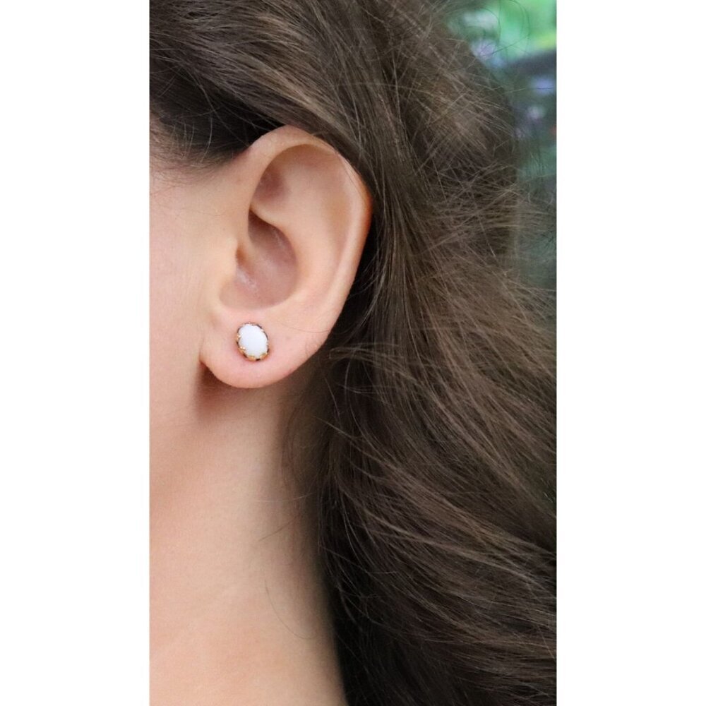 14k Yellow Gold Natural Opal Earrings Stud Post 3/8" x 1/4" - Picture 4 of 9
